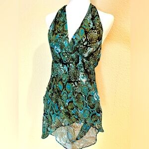 BCBG Maxazria silk halter blouse python print
